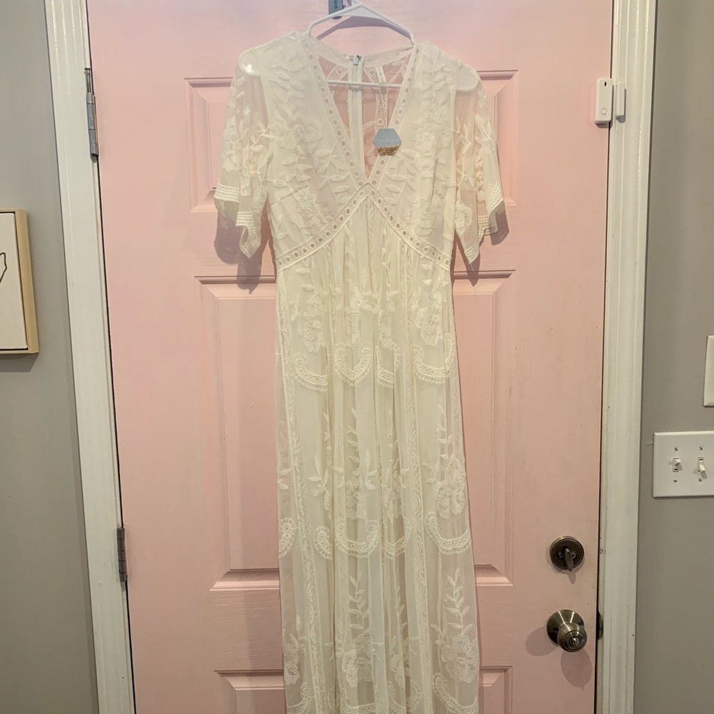 Pink Blush white Lace Mesh Overlay Maternity Maxi Dress size small